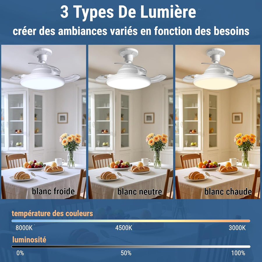 Ventilateur Plafond avec Lumière Pales Rétractable Télécommande 3 Niveaux Luminosité 3 Vitesse Eclairage 57cm Lampe Silencieux BLANC