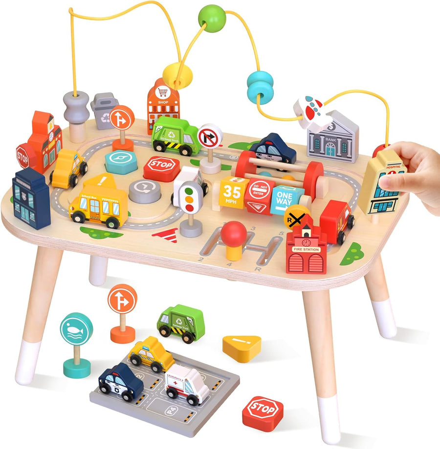 Table d’activités pour bébé de 1 an, table sensorielle en bois avec labyrinthe de perles, formes à trier et circuit de train, jouet Montessori ferme, jouet éducatif