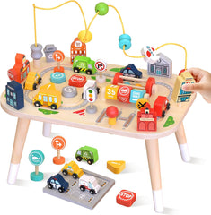 Table d’activités pour bébé de 1 an, table sensorielle en bois avec labyrinthe de perles, formes à trier et circuit de train, jouet Montessori ferme, jouet éducatif