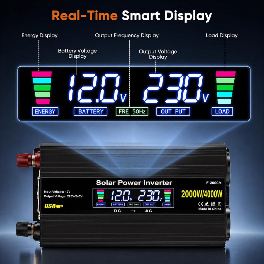 Convertisseur Pur Sinus Pro 2000W/4000W 12V 220V/230V de Tension Volts Voiture Solaire Power Inverter sinusoïdale DC AC, Onduleur Transformateur