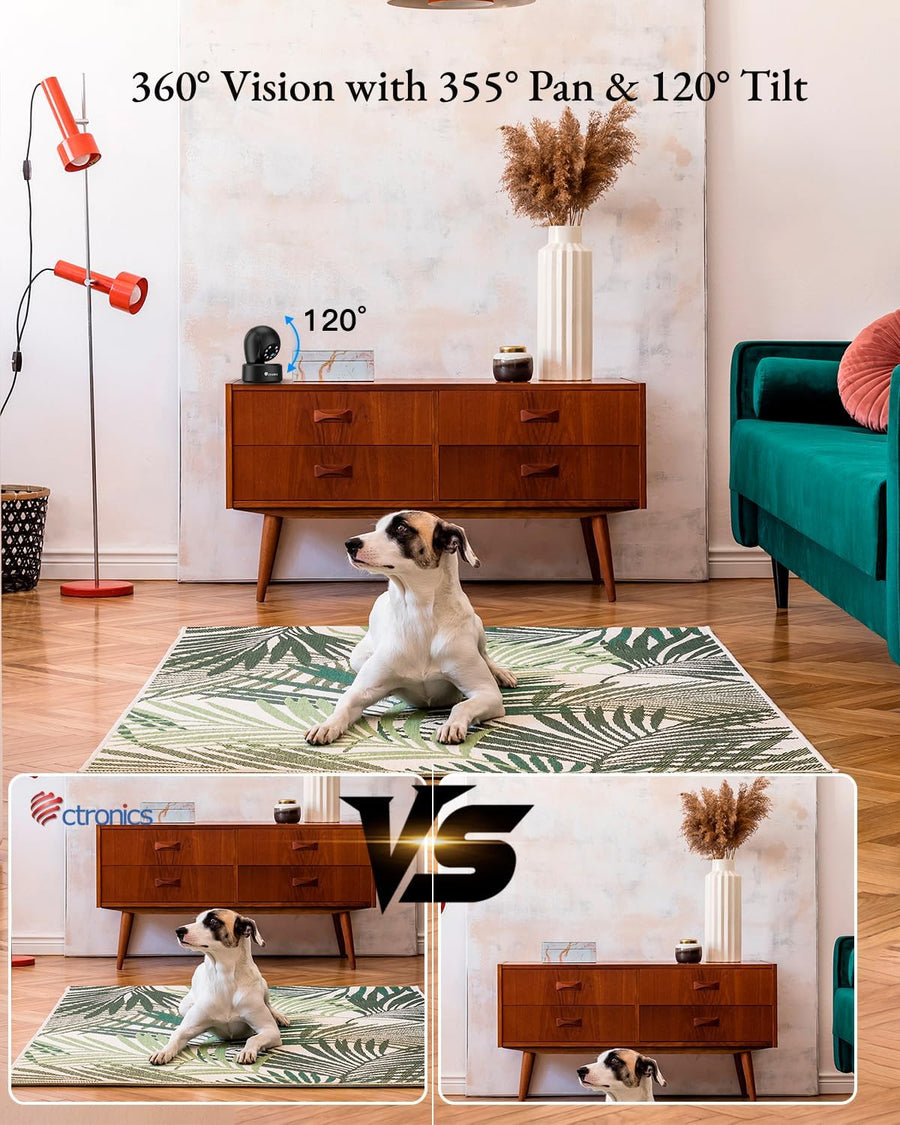 Lot de x2 Ctronics Caméra WiFi Intérieure 2.5K 4MP, WiFi 2.4/5GHz, PC & Smartphone, PTZ 355°/120°, 8 Positions Préréglées, Suivi Intelligent, Vision Nocturne Couleur, Audio Bidirectionnel