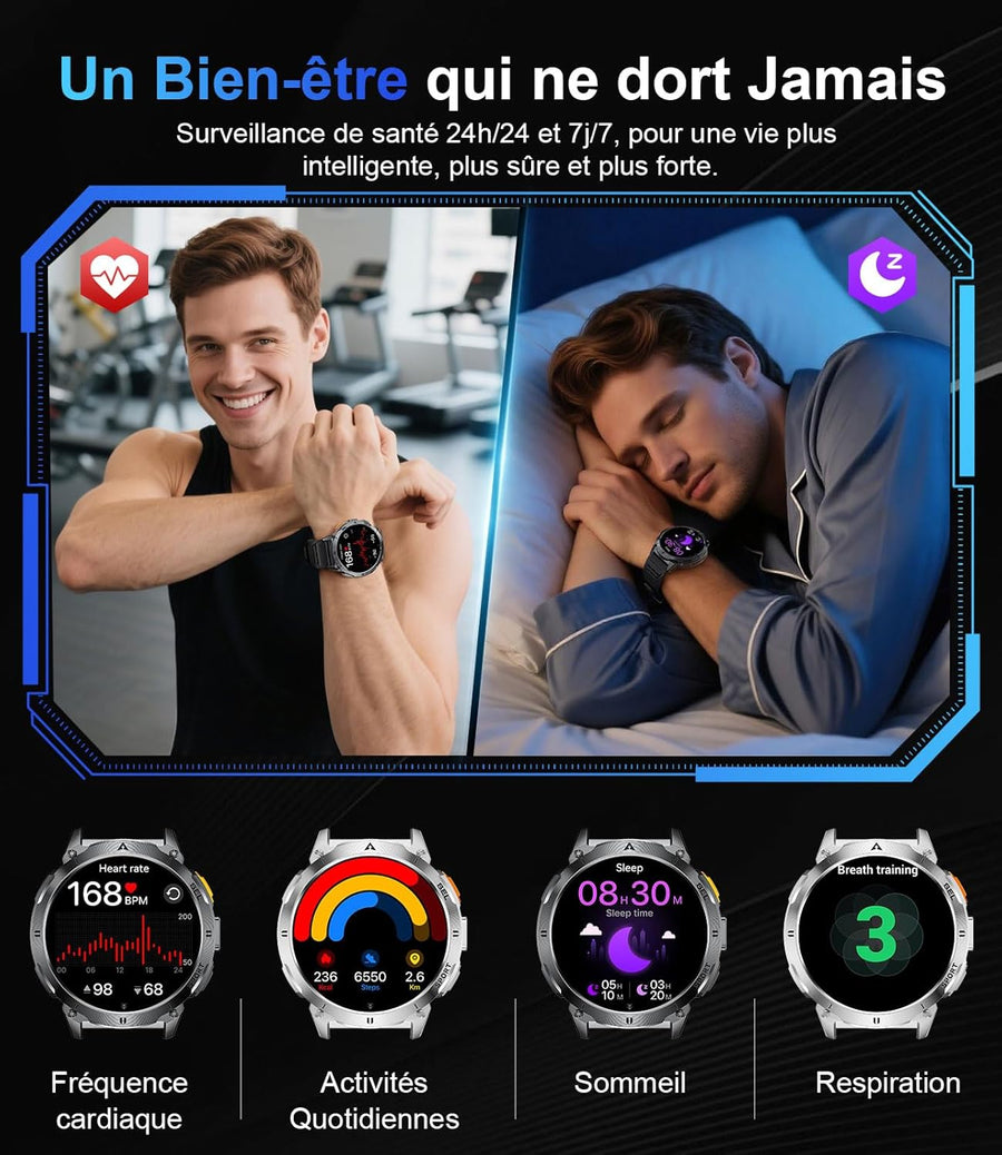 Montre Connectée Homme avec 1.62'' AMOLED Écran/LED Lampe/730mAh Batterie,Smartwatch Homme avec 100+ Modes Sportifs,24/7 Moniteur de Fréquence Cardiaque et Sommeil pour Android iOS