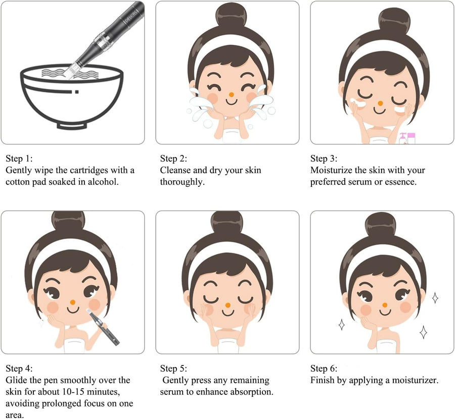 Stylo Beauté Microneedling, Appareil de Soin du Visage et du Corps avec 3 Vitesses et 12 Cartouches de Remplacement, Rechargeable
