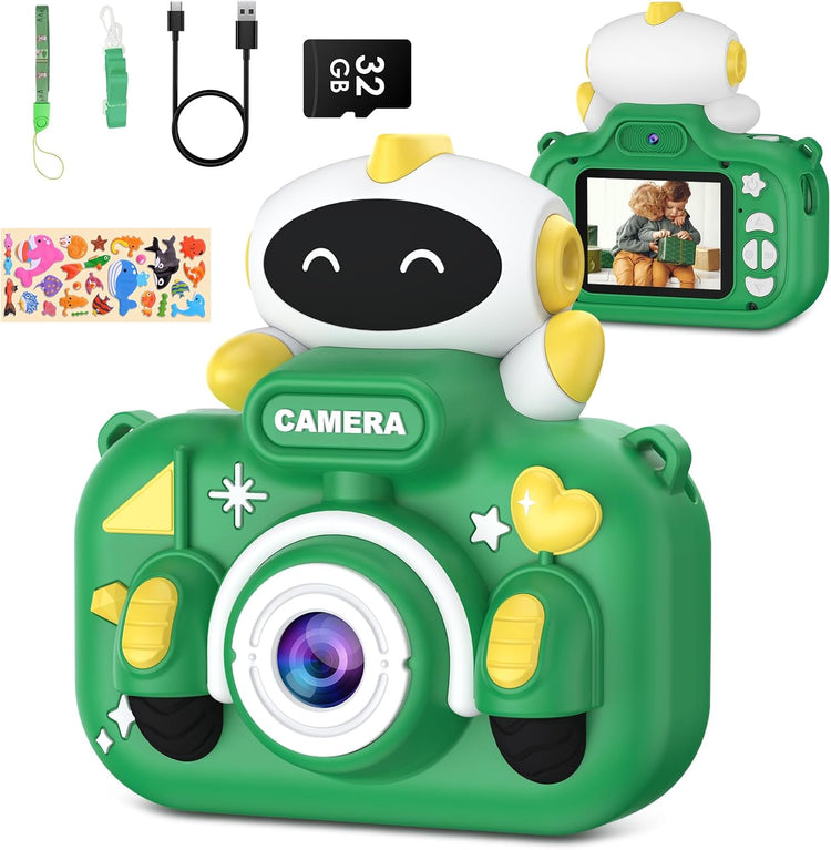 Appareil Photo Enfant Rechargeable Ecran LCD 2" Vidéo HD Carte SD 32Go Robot VERT