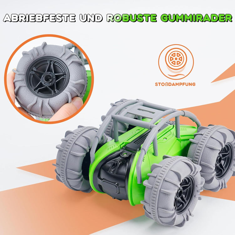 Voiture RC Amphibie Télécommandée Enfants 4WD Double Sided Stunt Car Lumières LED 2.4GHz VERT/GRIS