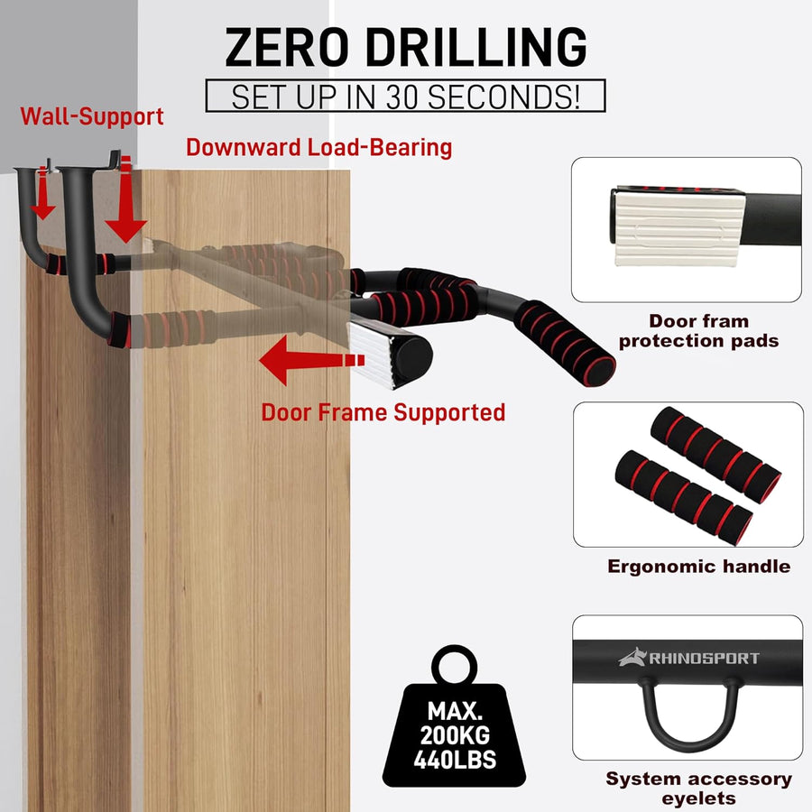 Barre de traction murale 4 en 1 pour montage mural sans vis, antidérapant， Portes 65-92cm, Équipement de gymnase à domicile