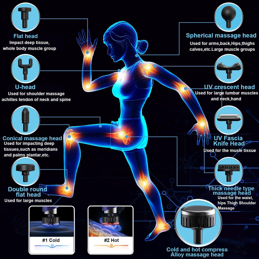 Masseurs électriques portables avec chaleur et tête froide,pistolet de Fascia pour tissus profonds de poche, Percussion Portable, masseur portatif petit et silencieux,9 têtes