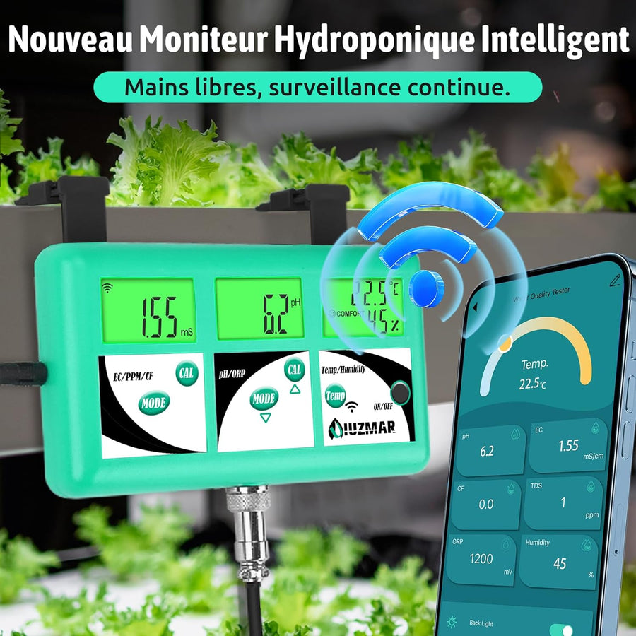 Moniteur pH EC TDS pour Hydroponie, 7 en 1 pH EC PPM CF Température Testeur D'humidité De L'air Pour L'aéroponie, Contrôler La Conductivité pH De La Solution Nutritive Hydroponique