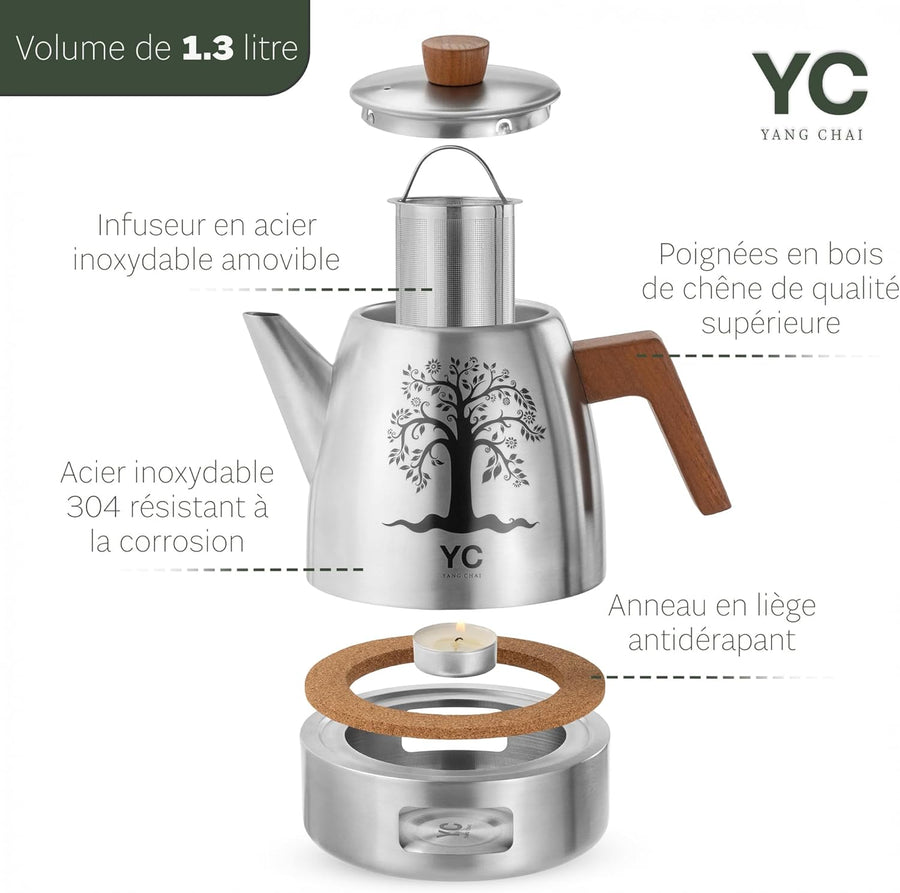 Théière en Acier Inoxydable 1,3L avec Infuseur – Théière Design avec Réchaud Chauffe-Thé et Poignée en Bois – Accessoire Elégant pour Infusion, Tisane et préparation de Thé en Vrac