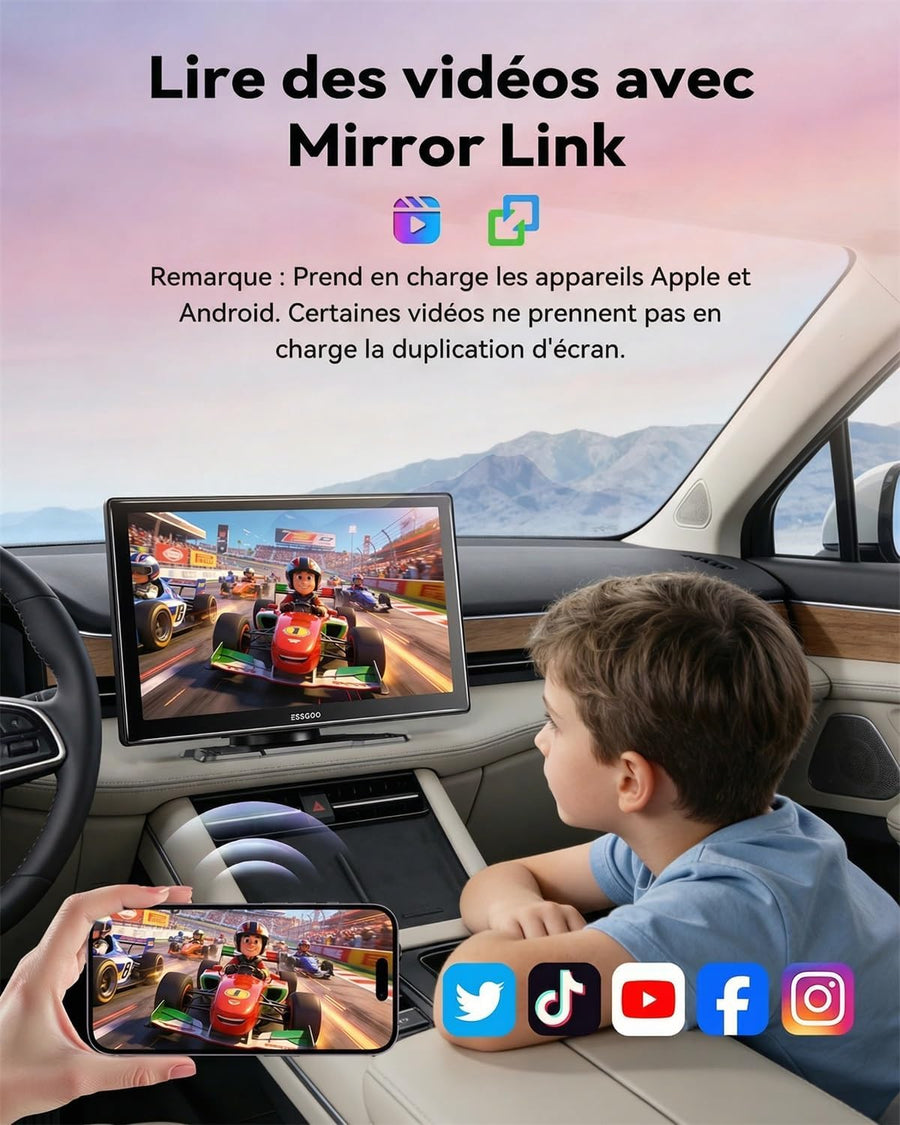 Écran CarPlay Voiture 9 Pouces  sans Fil avec Caméra de Recul HD Android Auto Apple CarPlay,Portable Autoradio,Écran Tactile IPS,Mirror Link,Bluetooth 5.3,Commande Vocale,Navigation GPS,AUX