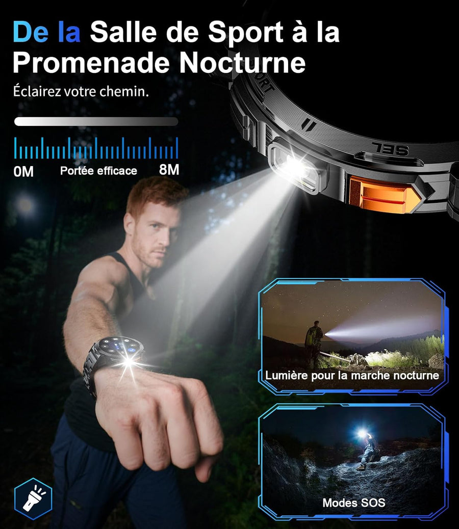 Montre Connectée Homme avec 1.62'' AMOLED Écran/LED Lampe/730mAh Batterie,Smartwatch Homme avec 100+ Modes Sportifs,24/7 Moniteur de Fréquence Cardiaque et Sommeil pour Android iOS
