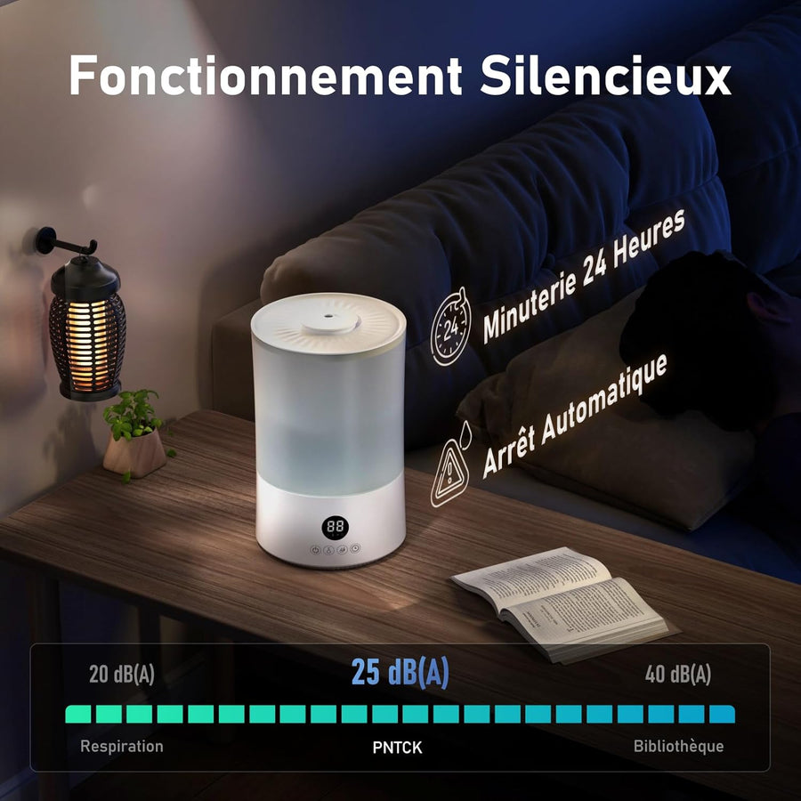 Humidificateur d'air Chambre 4L, Top-Fill, Télécommande, 40H Autonomie, Arrêt Automatique, Buse 360°, Minuterie 24 heures, 20 dB Silencieux