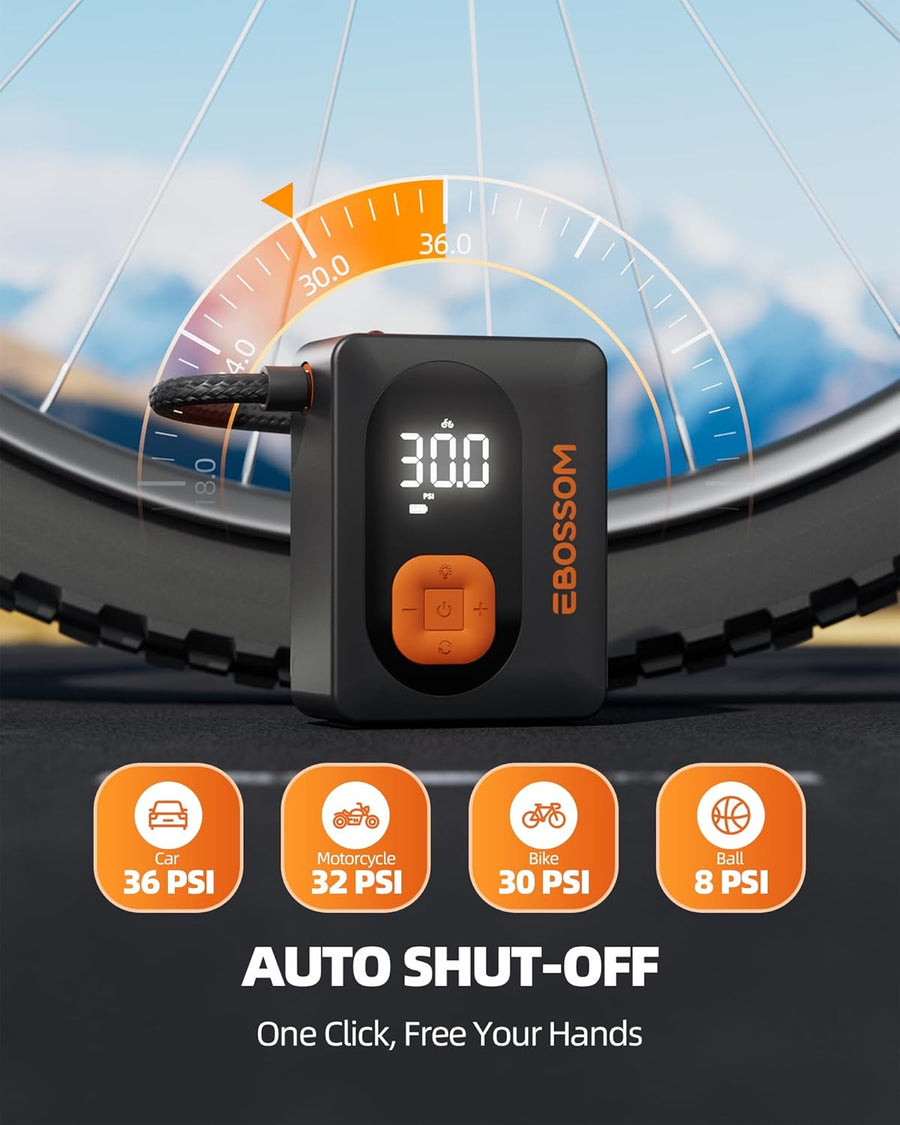 Gonfleur pneus Voiture, Compresseur à Air Portatif , Mini Compresseur Voiture Portable Electrique pompe a velo, Inflator Affichage Numérique et Lumière LED Vélos Motos Ballons Flexible de 15 cm