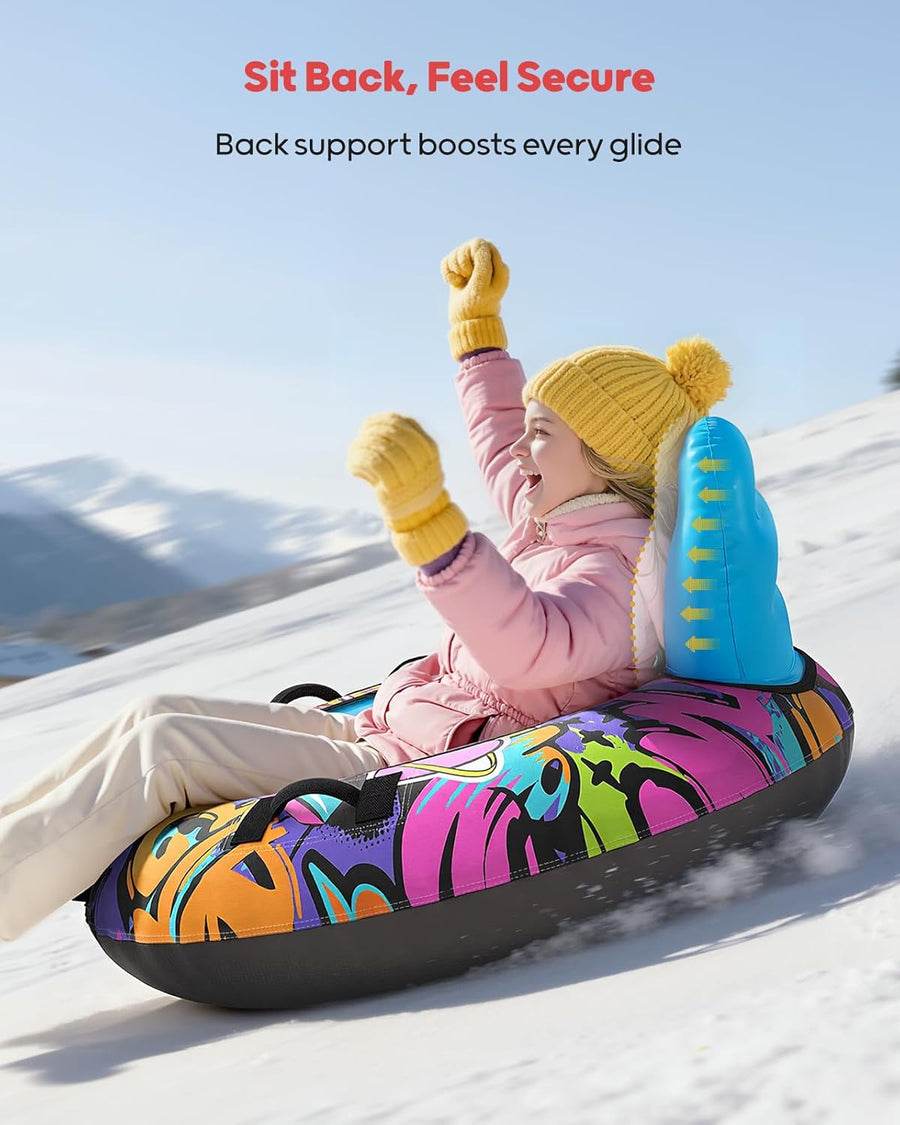 Tube à neige de 111,8 cm avec dossier – Traîneau gonflable robuste d'une capacité de 226,8 kg avec housse, poignées et corde de remorquage, traîneaux à neige pour enfants et adultes BLEU