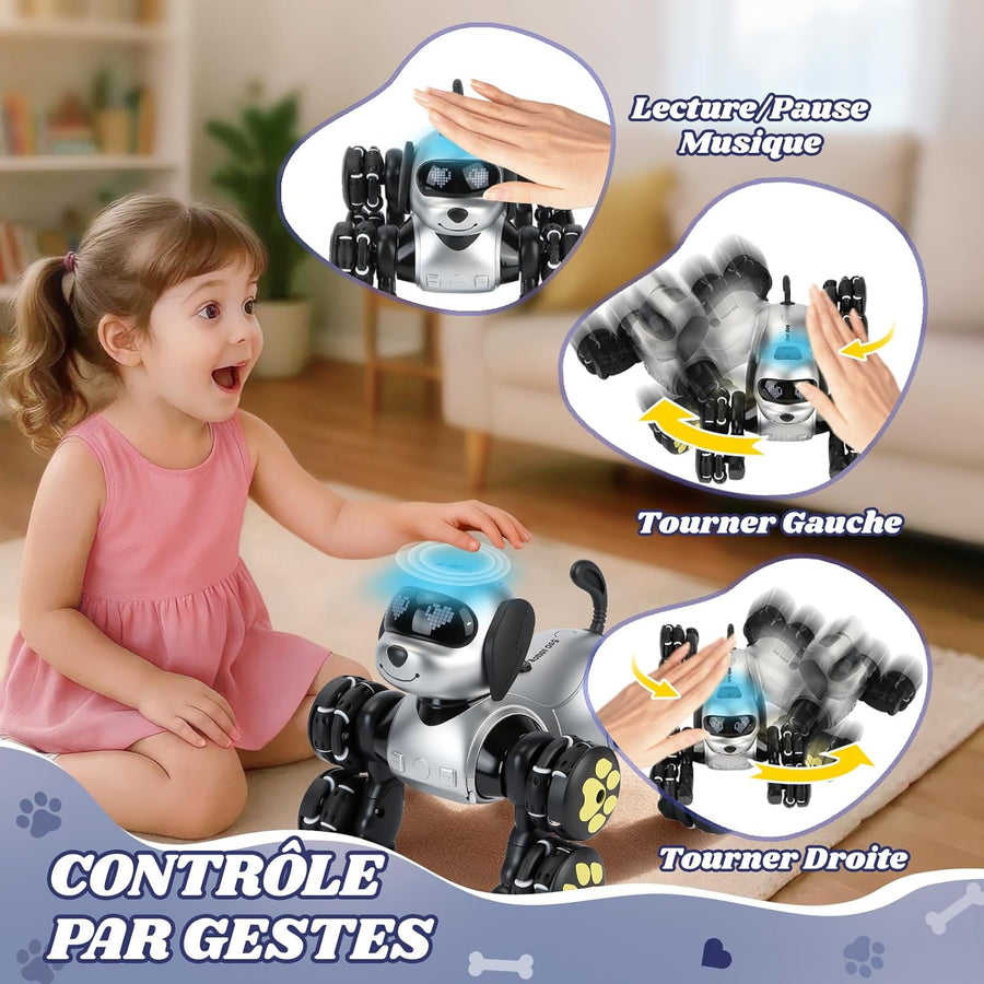 Jouet Chien Robot Enfants, 8WD Robot Jouet Télécommandé, RC Programmable Chien, Jouet Intelligent Pet Danse Musique