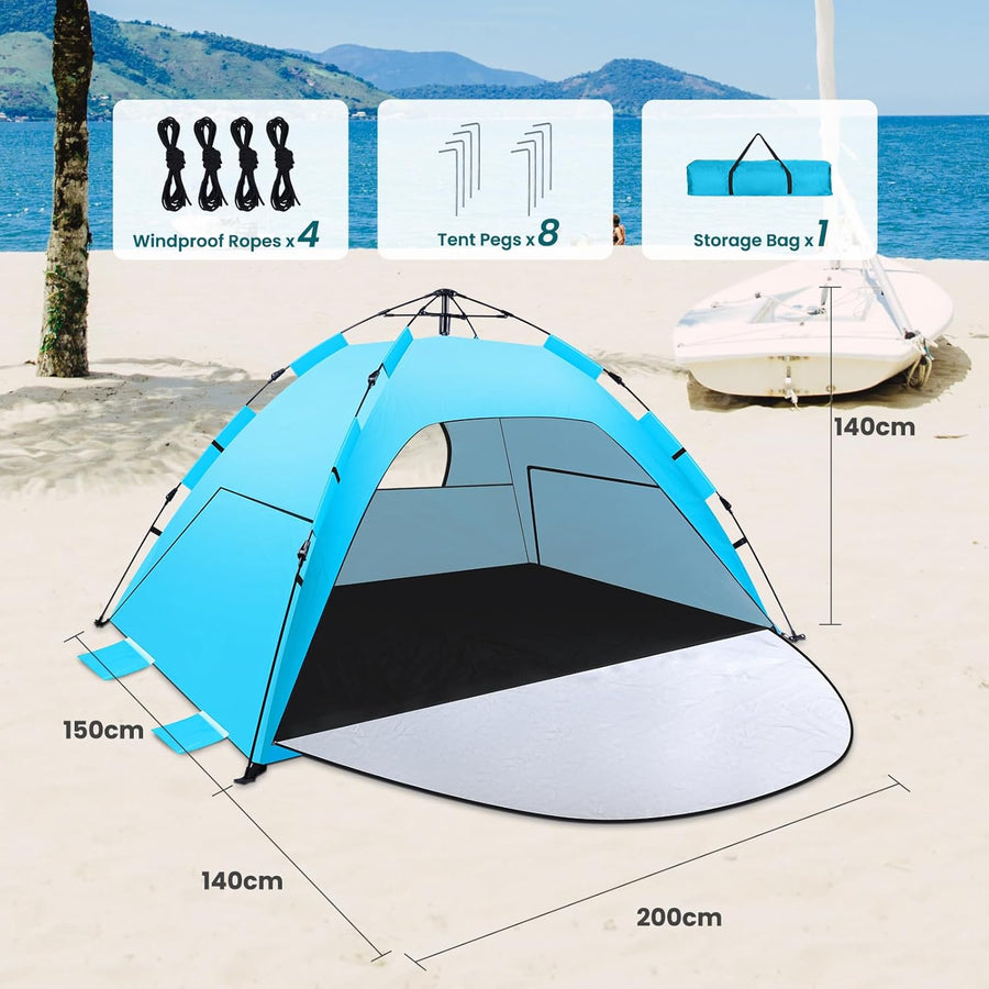 Tente de plage instantanée automatique Quick Up avec véranda extensible 3, protection UV 50+ contre le vent pour la plage, la famille, le jardin, le camping - Bleu