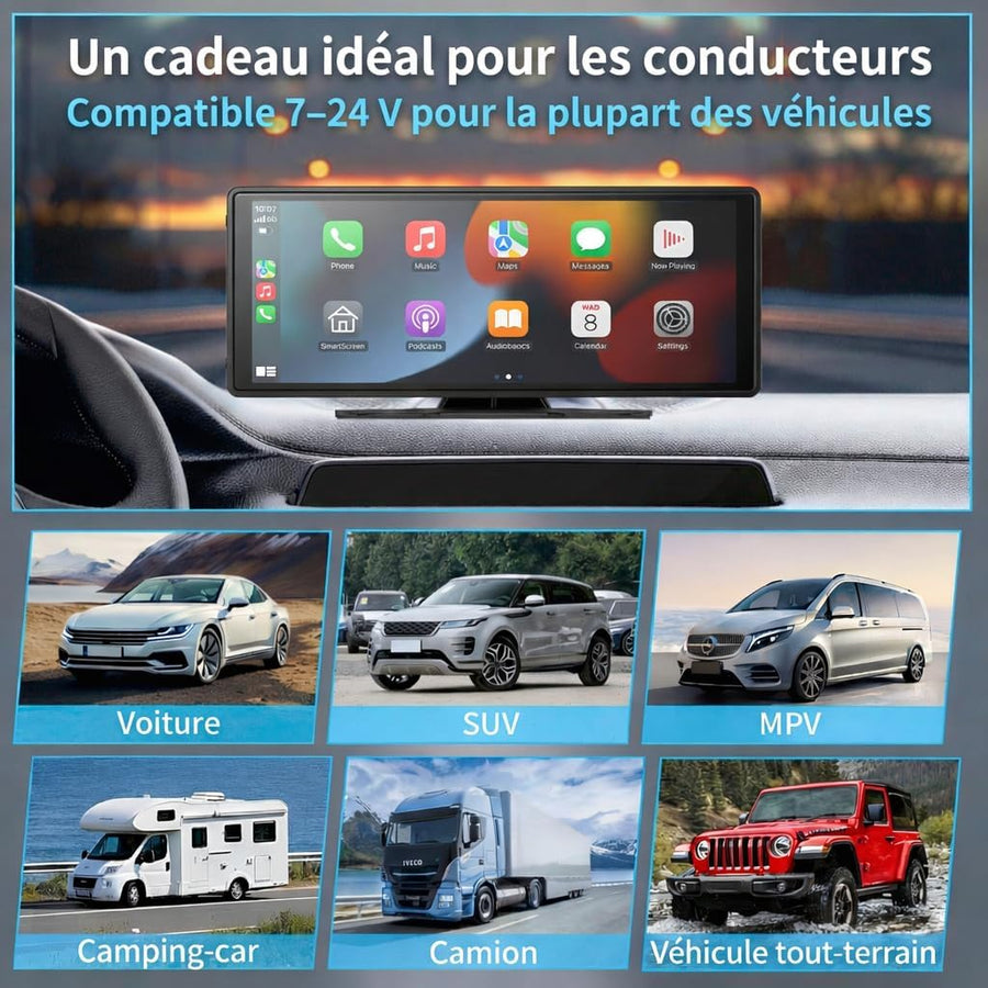 Dashcam Voiture 4K & Écran CarPlay Android Auto sans Fil 10.26" - Caméra de Recul 1080P, Apple AirPlay/Mirror Link, Bluetooth 5.0, AUX/FM, Navigation GPS, Commande Vocale, Tableau de Bord