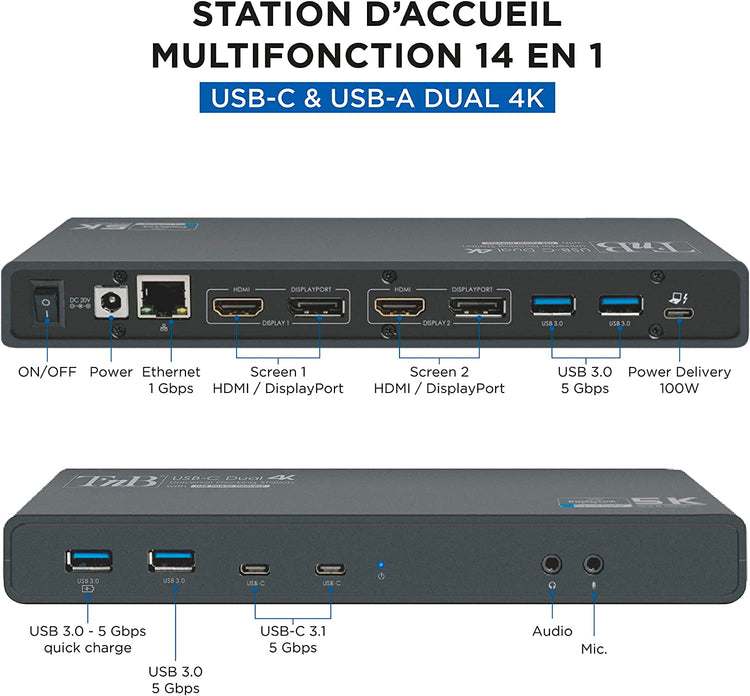 Station d’Accueil Double Ecran 4K60Hz, 14 en 1 HDMI et DisplayPort 4X USB-A 3.0 2X USB-C 3.0