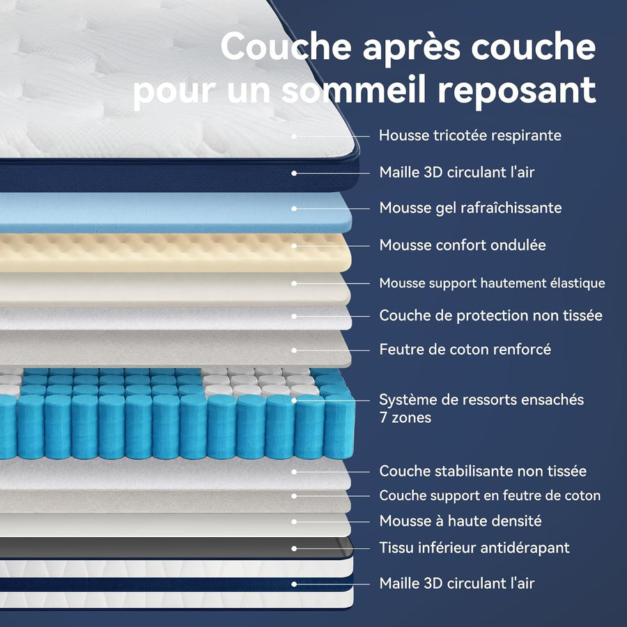 Matelas 120x200, 26 cm Hybride à Ressorts Ensachés et Mémoire de Forme Soutien Mi-Ferme, Confort Rafraîchissant, Isolation des Mouvements, Tissu 3D Respirant, Bords Renforcés, Matelas en Boîte