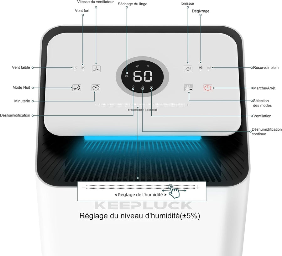 Déshumidificateur 12L/24H Idéal pour 18-24 m² (45-60 m³). Avec écran tactile, ventilation réglable, silencieux 42 dB, tuyau de vidange de 1 M