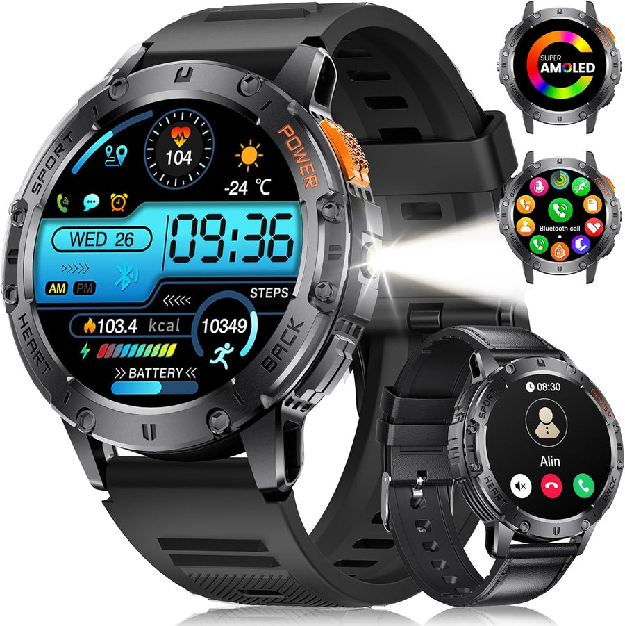 Montre Connectée Homme avec Appels Bluetooth/530 mAh, 1,43" HD AMOLED Smartwatch Homme avec 120+ Modes Sportifs/Moniteur de Fréquence Cardiaque/Sommeil/SpO2, IP68 Étanche Podomètre Android iOS
