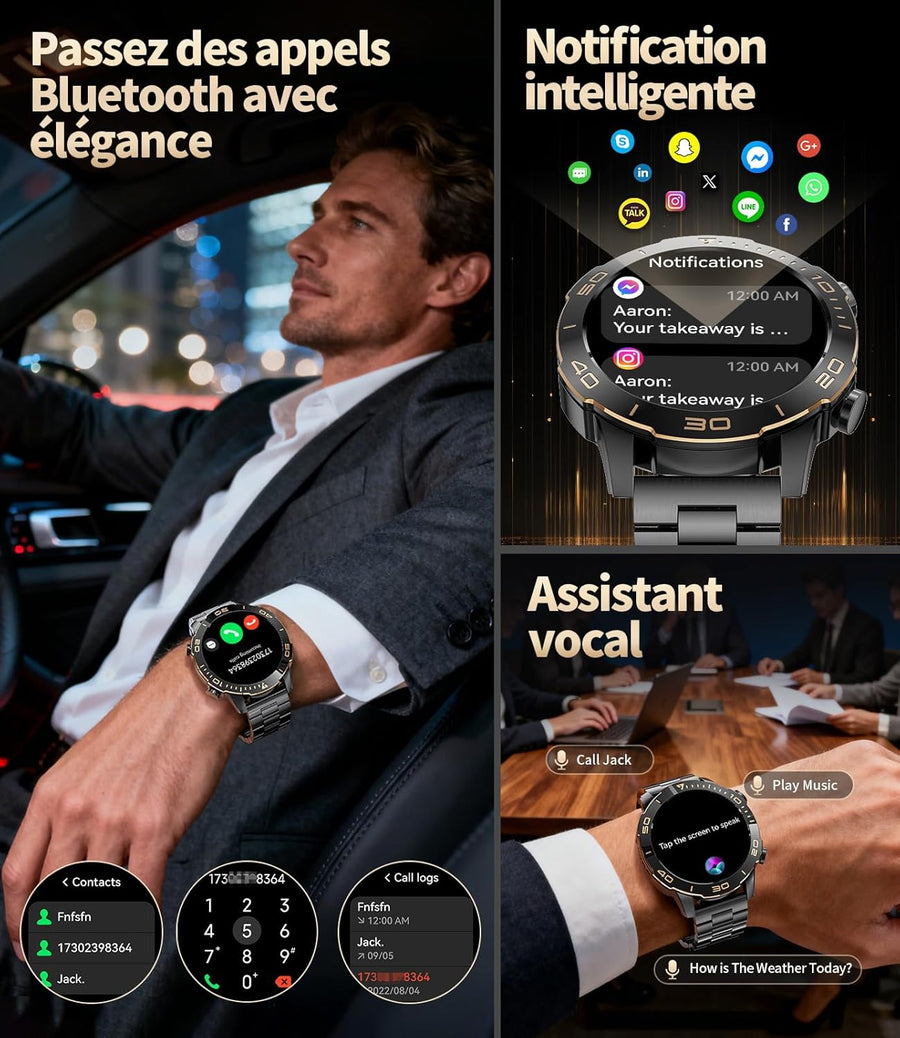 Montre Connectée Homme Militaire,1.43‘’ Grand Écran avec Appels/500mAh Longue Autonomie Batterie/Lampe de Poche/IP68 Étanche Fréquence Cardiaque/Pédomètre,2 Bracelet Smartwatch pour Android iOS
