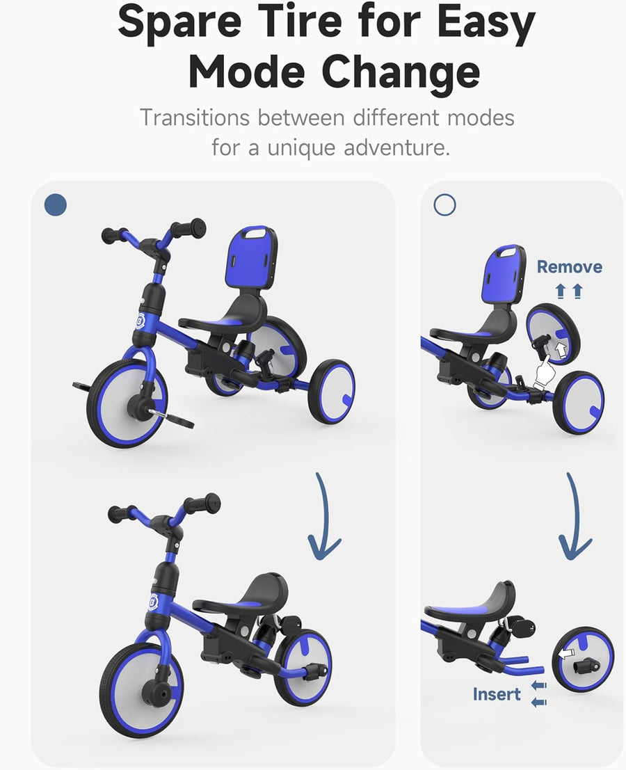 Tricycle pour Tout-Petits de 1 à 3 Ans, avec Roue de Secours, Tricycle Multifonctionnel pour Enfants avec Barre de poussée, Dossier et Ceinture de sécurité