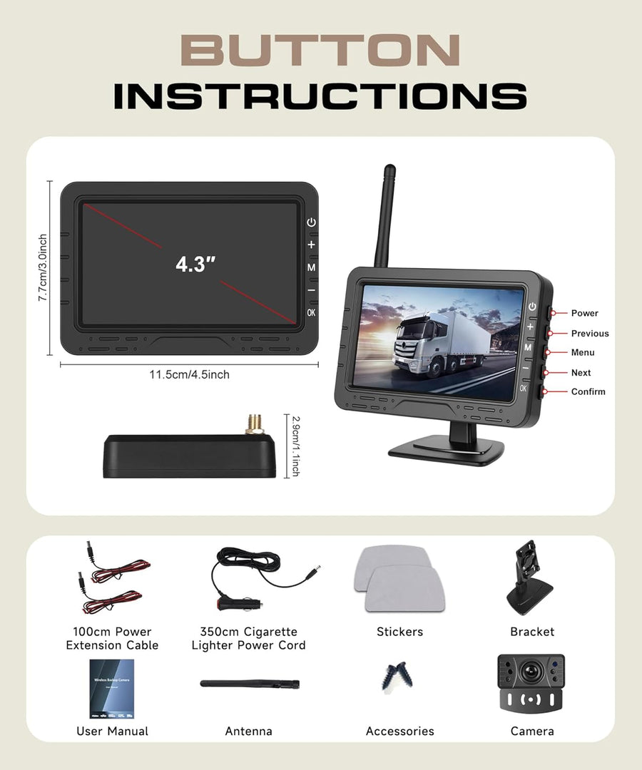 Caméra de Recul sans Fil, Moniteur TN 4,3 Pouces, Étanche IP68/Vision Nocturne Grand Angle/Lignes de Guidage Réglables/Inversion Image pour Voiture Camion Fourgon Caravane