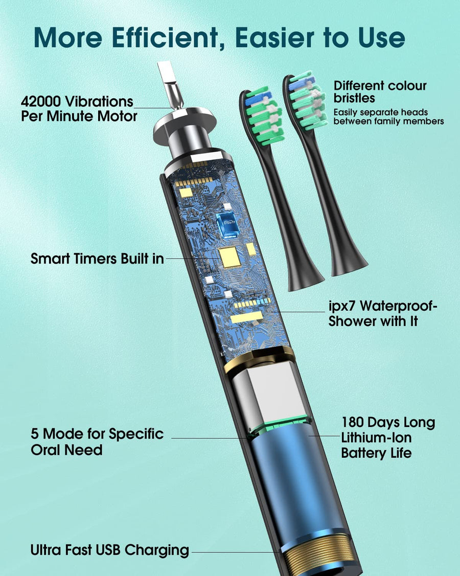Brosse A Dents Electrique Base Brosse A Dents x6 Brosse Rechargeable Minuterie 5 Modes NOIR