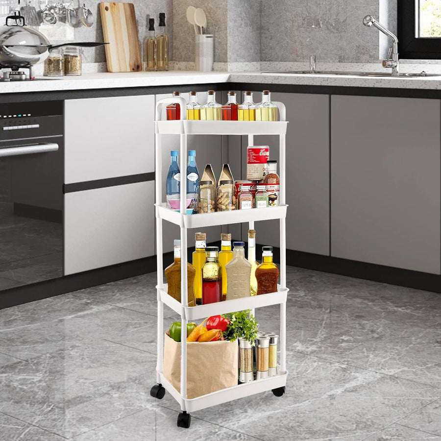 Chariot de Cuisine avec roulettes à 4 étages Chariot de Rangement Multifonction pour Cuisine, Maquillage, Salle de Bain, Bureau BLANC