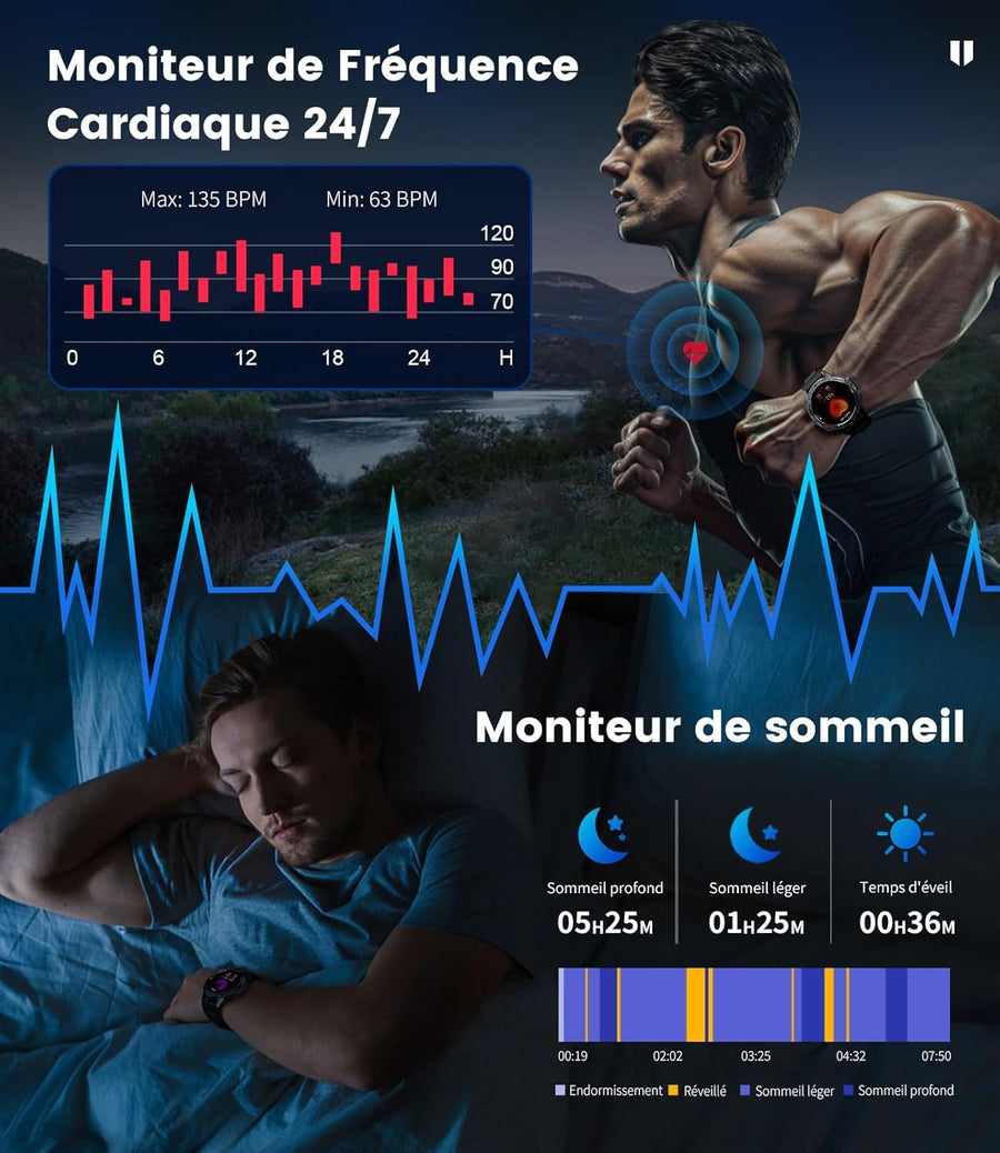 Montre Connectée Homme avec Appels Bluetooth/530 mAh, 1,43" HD AMOLED Smartwatch Homme avec 120+ Modes Sportifs/Moniteur de Fréquence Cardiaque/Sommeil/SpO2, IP68 Étanche Podomètre Android iOS