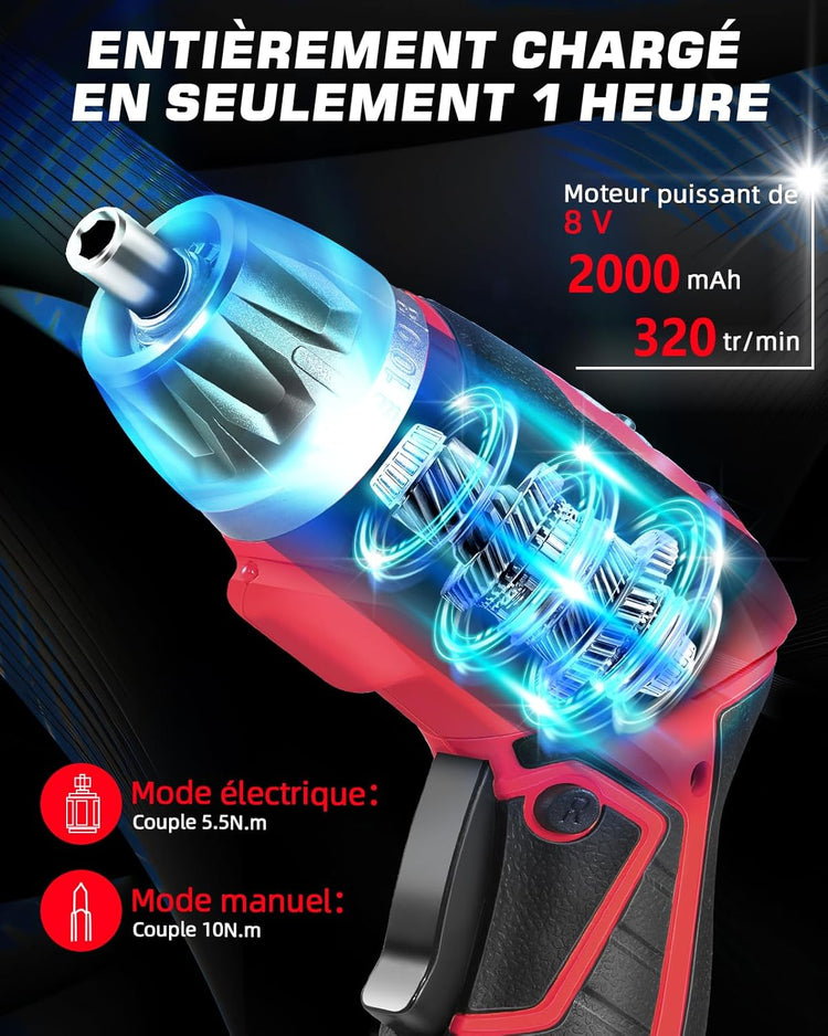 Tournevis Electrique Sans Fil Rechargeable 8V 5.5Nm 30 Embouts 10 Réglages de Couple