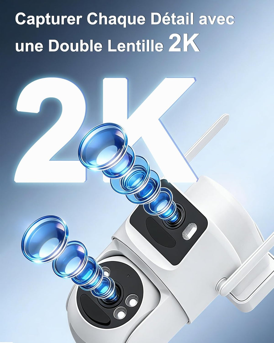 Camera Surveillance WiFi Exterieure sans Fil,à double objectif/Camera Solaire/Batterie,2.4/5G WIFI,360° PTZ Sécurité à Domicile,Vision Vocturne,Alarme,Audio Bidirectionnel,Suivi Automatique,IP66