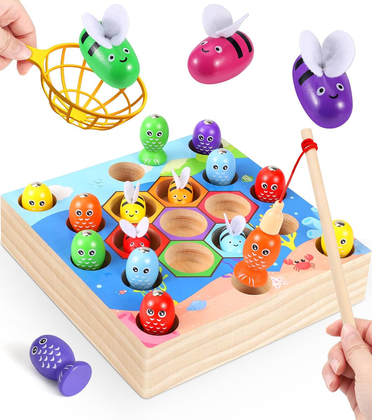 Jouets en Bois Jeu de Pêche Magnétique Jouet de Jeu Attrapant Les Abeilles Jeux Educatif