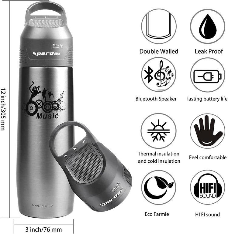 Thermos Isotherme Voyage Acier Inox 750ml Enceinte Portable Bluetooth Integree GRIS