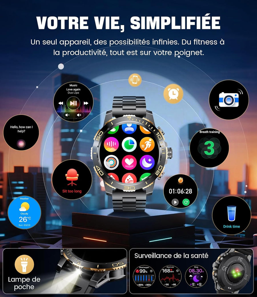 Montre Connectée Homme avec 800 mAh/Torche LED pour Android iOS, Écran 1,43'' AMOLED HD Smartwatch avec Appel Bluetooth/200+ Modes Sportifs, Moniteur de Fréquence Cardiaque/Sommeil, Étanche IP68