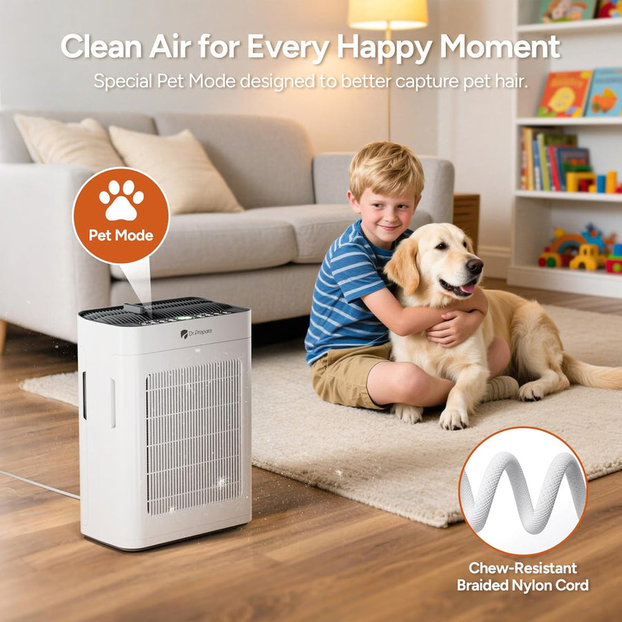 Purificateur d'air Maison, Pet Mode, Double Aspiration, Jusqu'à 280 m², Mode Nuit, Silencieux 20dB, Pré-filtre Lavable, Capteur Intelligent de Qualité d'Air PM2.5