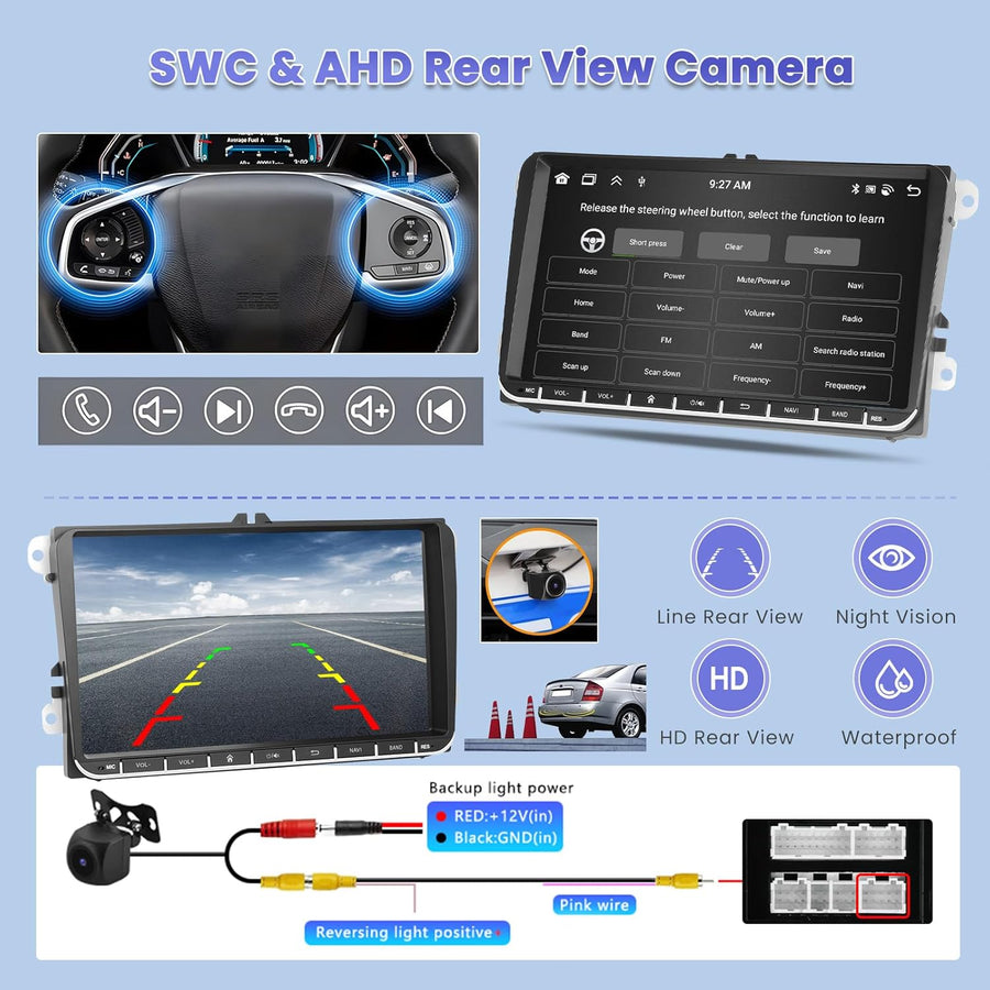 Autoradio 8-Core/4G+64G/DSP Android 15 pour VW Golf 5 Golf 6 Passat Tiguan Polo T5 Transporter Seat Leon avec sans Fil CarPlay Android Auto, 9" écran Tactile avec BT GPS WiFi RDS FM USB+CAM
