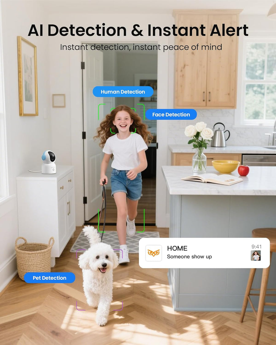 Caméra Surveillance 4K 8MP WiFi Intérieure, 2,4G/5GHz 360° IP Caméra Bébé, Détection de Personne/Animaux/Pleurs, Audio Bidirectionnel, Vision Nocturne, avec Carte Mémoire 64Go