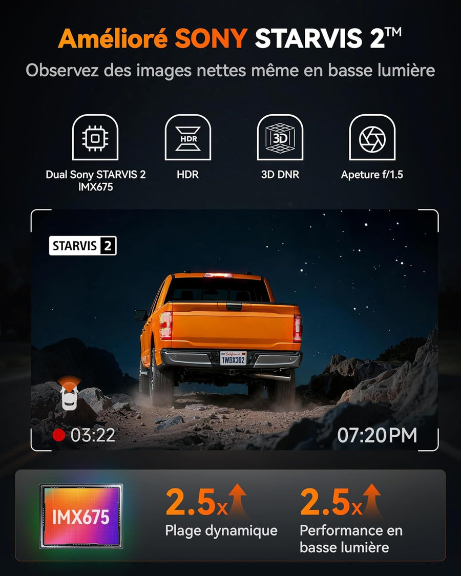 WOLFBOX X3 PRO Caméra embarquée pour voiture 1440P 60 fps + 1440P ADAS Caméra avant arrière Dual Starvis 2 IMX 675, stabilisation d'image avec WiFi 5,8 GHz, carte 64 Go et GPS inclus, commande vocale