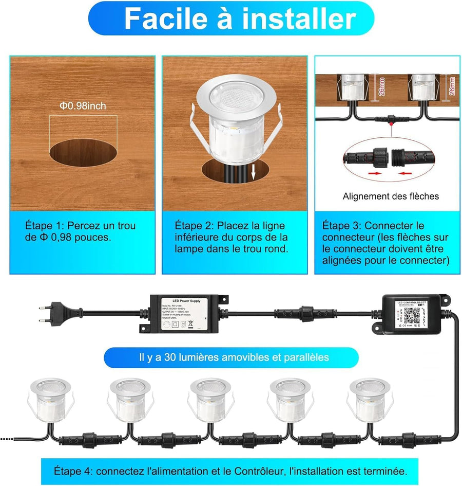 Lot de x6 Spots LED WiFi Bluetooth Encastrable au sol Extérieur Interieur Ø30MM 12V RGB Étanche IP67 Spot Encastrable Led avec Télécommande,LED Lumières éclairage pour Terrasse et patio