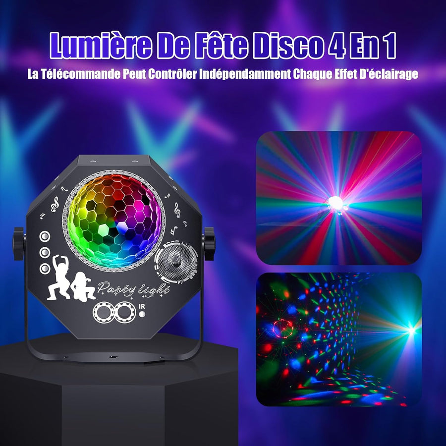 Jeux de Lumiere 4en1 pour Soiree avec Boule Disco, LED RGB Jeu de Lumiere Soiree DJ, Commande Vocale Stroboscope lumiere pour Fêtes Familiales, Boîtes De Nuit, Halloween, Noël
