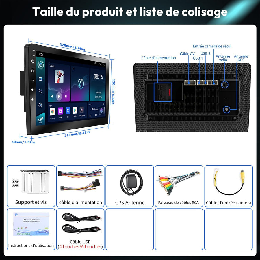 Autoradio 2 DIN (17.8x10cm), Android 15, Écran IPS 10 Pouces, 4Go+64Go Car Stereo avec Apple CarPlay & Android Auto sans Fil, 25 Thèmes UI, Bluetooth, Radio FM/RDS, Universel