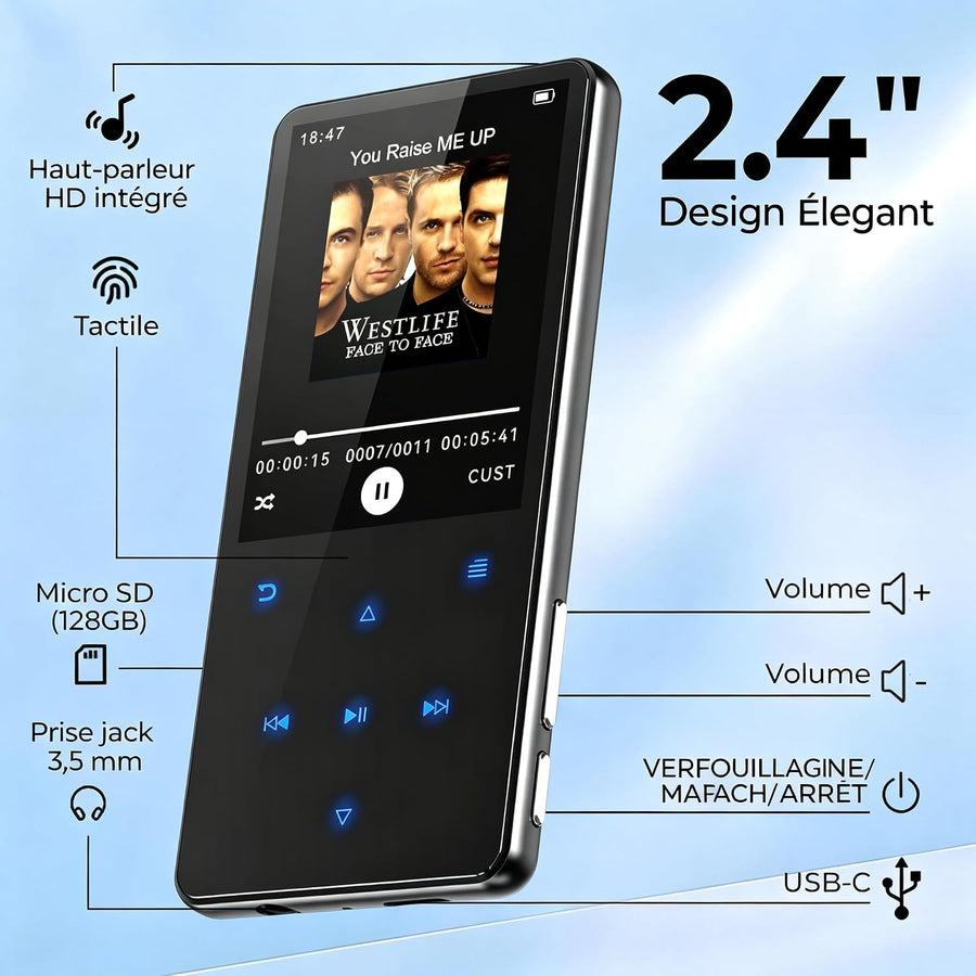 Lecteur MP3 64Go avec Bluetooth 5.3, Haut-Parleur intégré, Écran 2,4 Pouces Avec radio FM, enregistreur,Cadre central en métal,boutons tactiles, compatible avec les cartes mémoire jusqu'à 128 Go