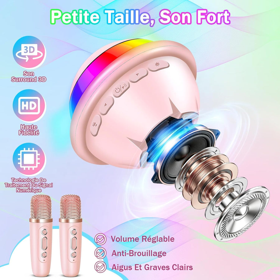 Micro Karaoke Enfant avec Lumineux LED Disco, Enfant Enceinte Karaoké Portable avec 2 Microphone sans Fil Bluetooth, Micro Enfant pour Chanter