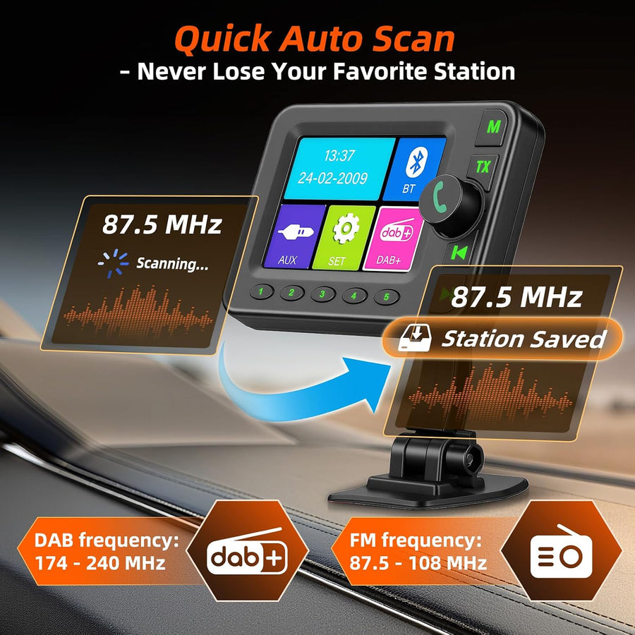 Adaptateur Dab pour Autoradio, Plug&Play Adaptateur Dab+ Voiture Récepteur DAB Portable avec Bluetooth Mains Libres, Emetteur Bluetooth pour Voiture avec Ecran LCD 2,8 Pouces, AUX et USB