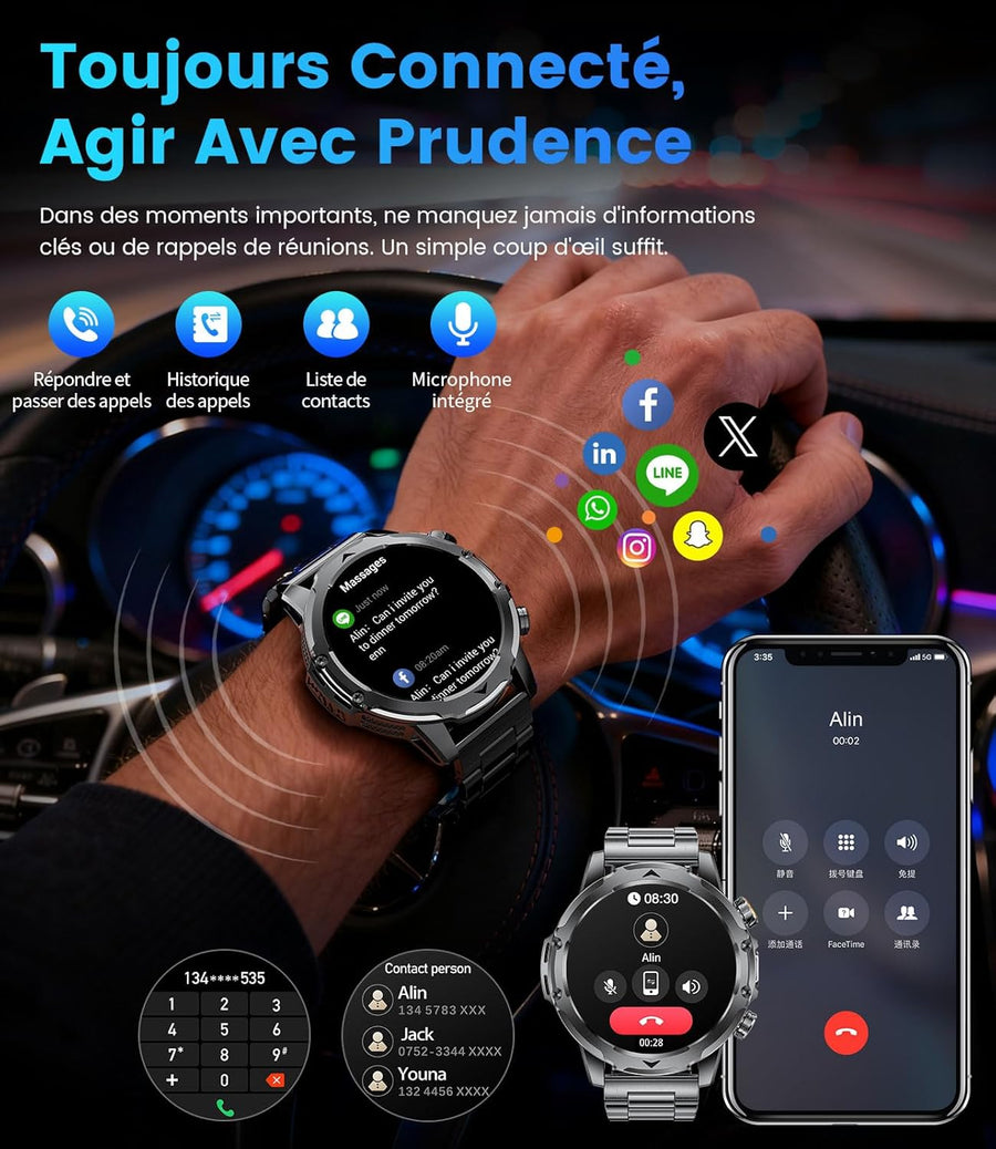 Montre Connectée Homme avec Appel Bluetooth, 1.53" HD AMOLED Smartwatch avec Batterie 1000 mAh(60+Standby Zeit)/Lampe de Poche/120+ Sportifs/Sommeil, IP68, Fitness Montre Connecté iOS Android