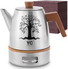 Théière en Acier Inoxydable 1,3L avec Infuseur – Théière Design avec Réchaud Chauffe-Thé et Poignée en Bois – Accessoire Elégant pour Infusion, Tisane et préparation de Thé en Vrac