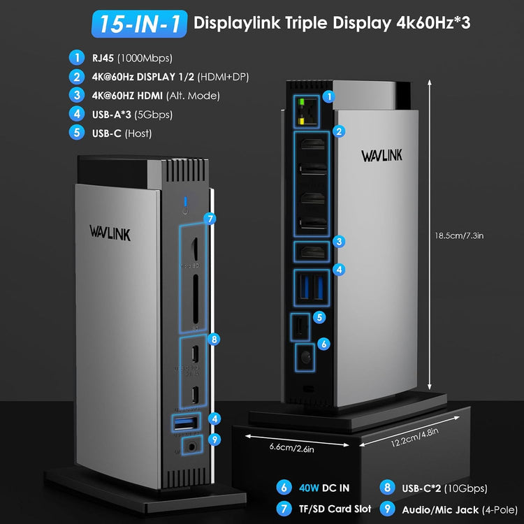 Station d'accueil 16 en 1 HDMI VGA USB-A / C 3.0, RJ45 Audio & Mic SD / TF ARGENT