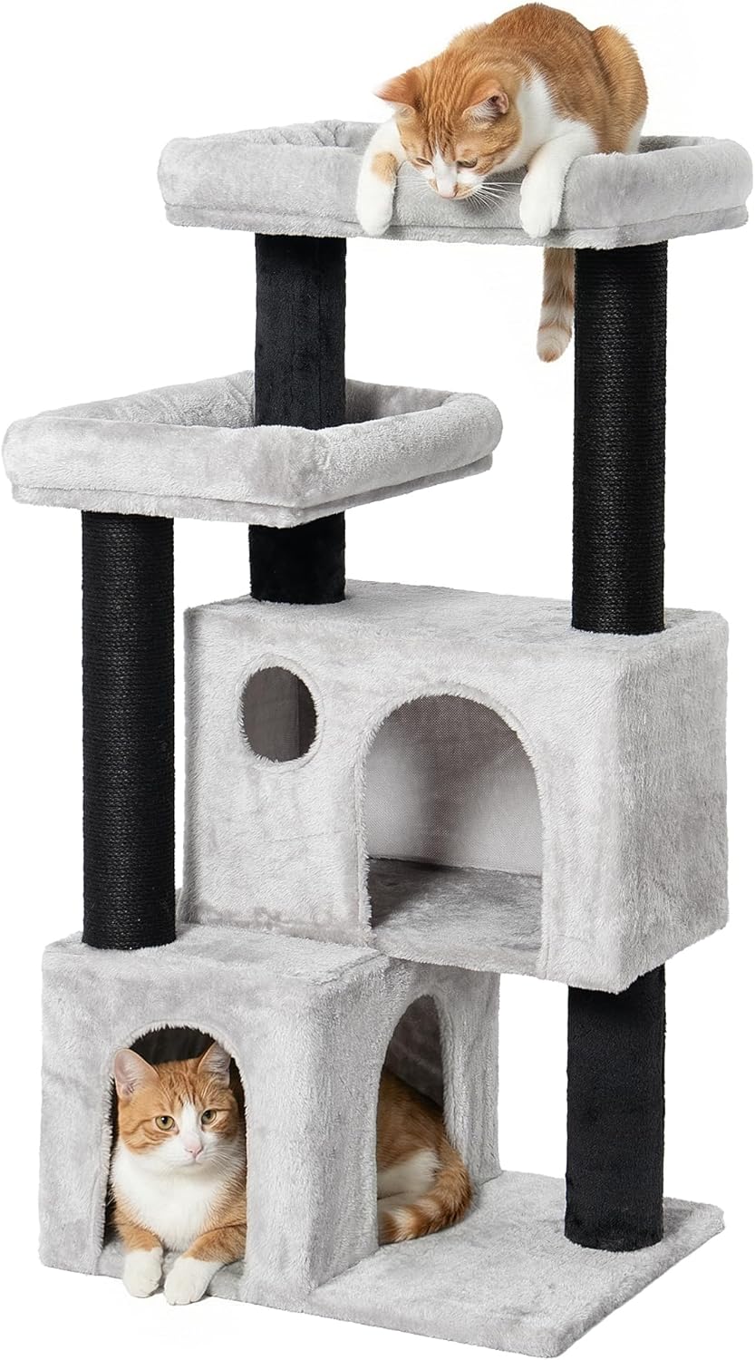 Arbre à chat pour grands chats, 4 niveaux, 55 × 45 × 111 cm, 2 griffoirs extra hauts en jute (45 cm et 40 cm), tour de chat stable avec 2 plateformes de couchage et 2 niches pour chat